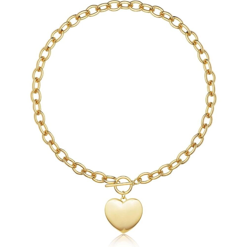 14K Gold heart-gd Plated Chunky Layered Necklace | Paperclip Herringbone Chain